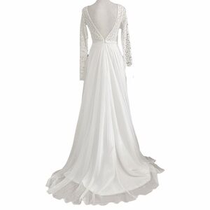 Bridal WHITE LACE LONG SLEEVE BACKLESS V-NECKLINE TRAINED WEDDING GOWN DRESS